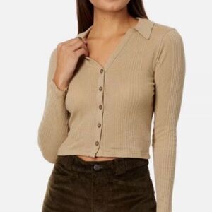 Madewell Ribbed Crop Buttondown Featherweight Tan tan collar long sleeve shirt M